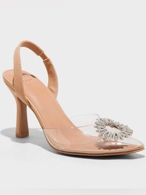 A new day Nude Slingback Clear-Heel Dress Sandals with Crystal Accent